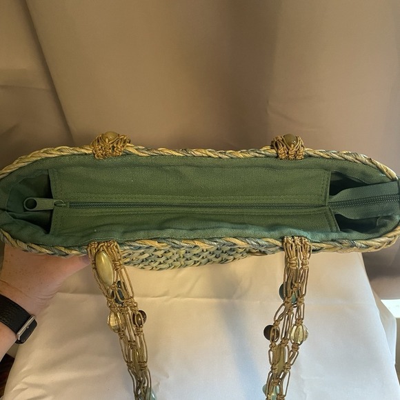 Cappelli Straworld Inc Beaded Strap Green Cornhusk Woven Tote Bag Purse Handbag - Picture 11 of 13